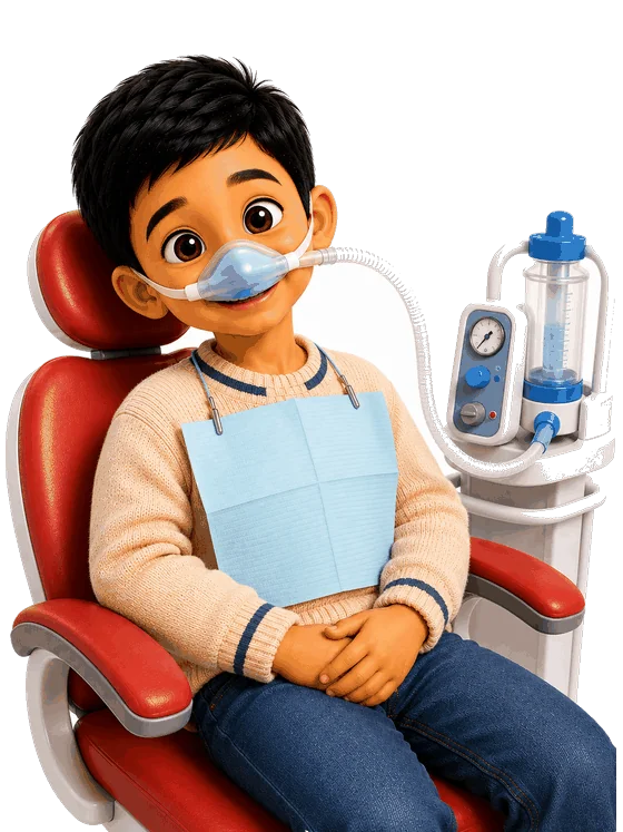 A child relaxed in the chair wearing a laughing gas nose mask