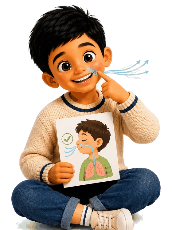 A child pointing at the nose beside a diagram of the airway
