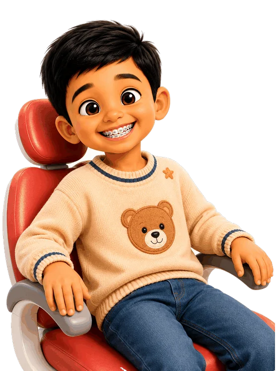 A child in the chair smiling with braces on the teeth