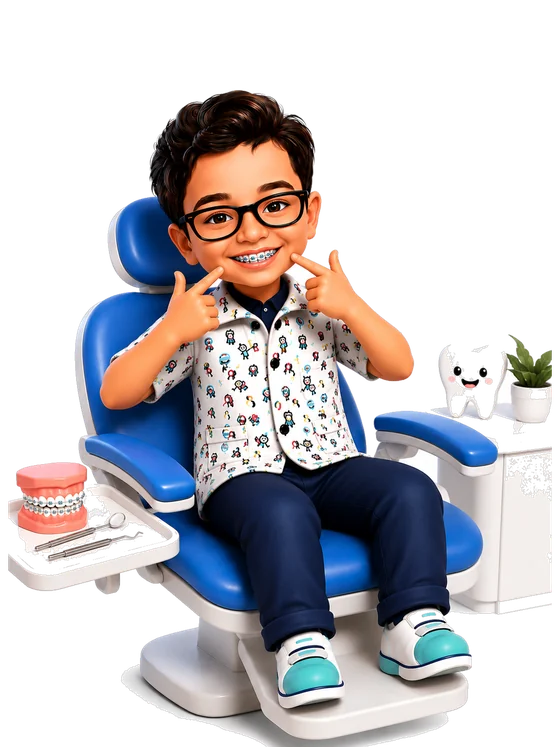 A child in the dental chair smiling to show braces on the teeth