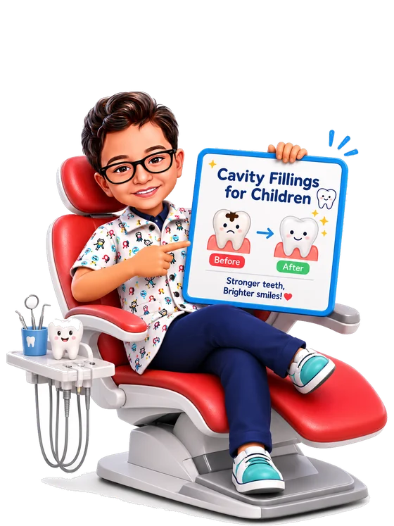 A child in the dental chair holding a board showing a tooth before and after a filling