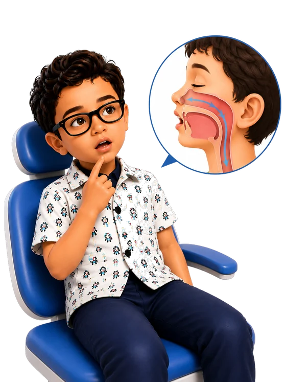 A child sitting with the mouth open in the dental chair, beside a diagram of the nose and airway