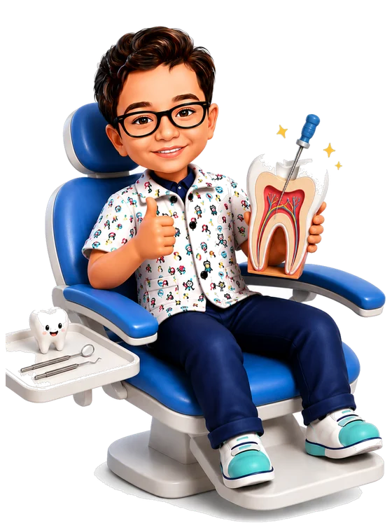 A child in the dental chair holding a cut-away tooth model showing the nerve inside
