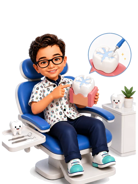 A child in the dental chair holding a model molar with sealant painted into its grooves