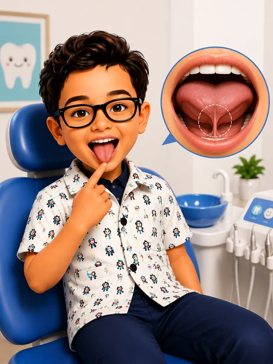 A child lifting the tongue in the dental chair, beside a close-up of the band of tissue underneath