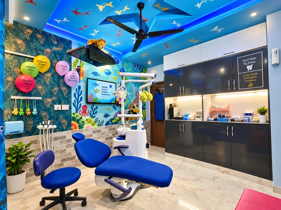 The Aqua treatment room at Tooth Tales, with a sea-themed wall and ceiling