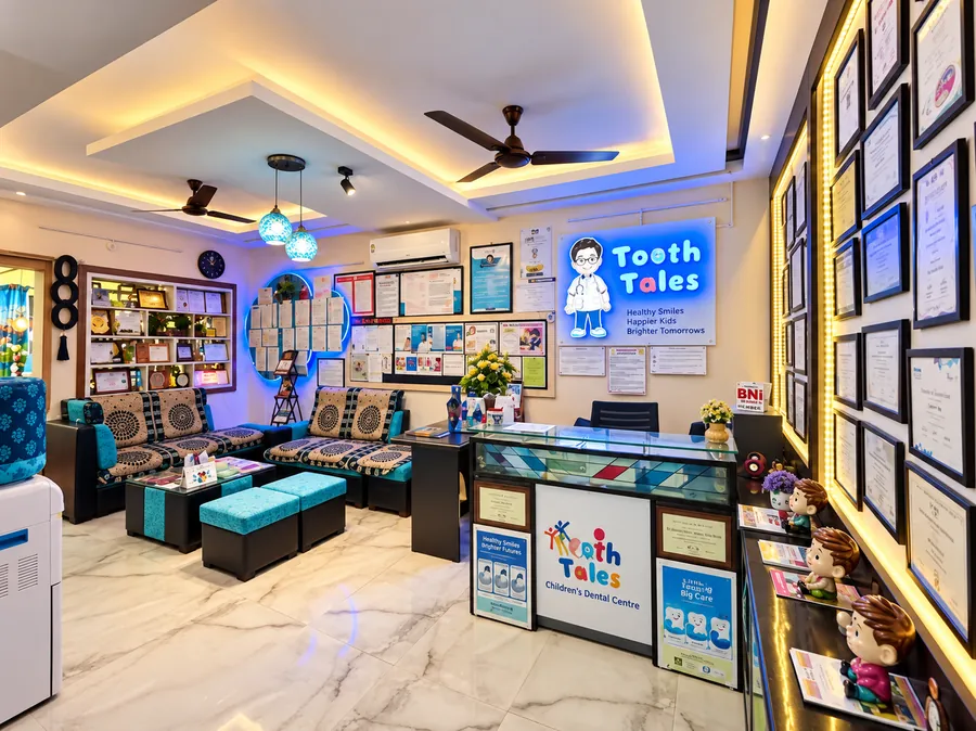 The reception and waiting area at Tooth Tales, Phi II, Greater Noida