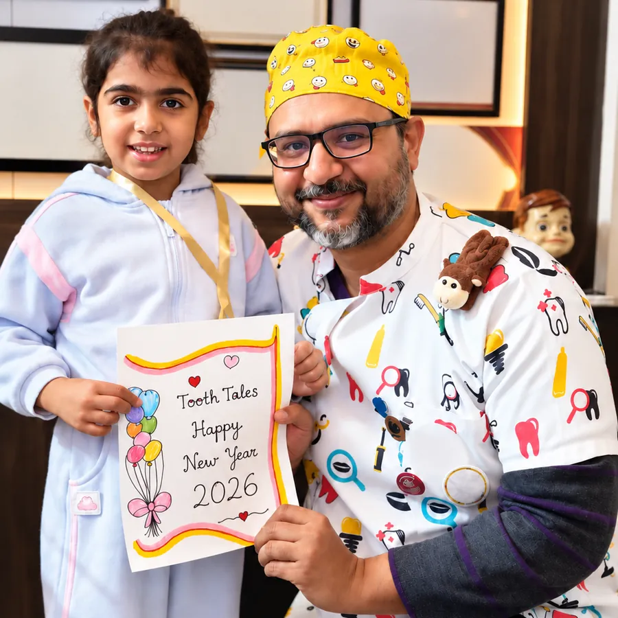 Dr. Sanchit Paul kneeling beside a young patient who holds a hand-drawn Tooth Tales Happy New Year 2026 card