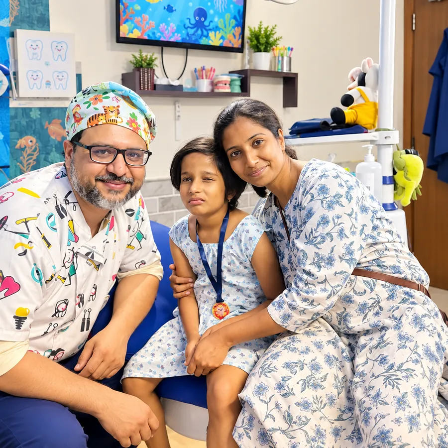 Dr. Sanchit Paul in the aqua room with a child from the special needs clinic and a parent, the child wearing a medal on a ribbon